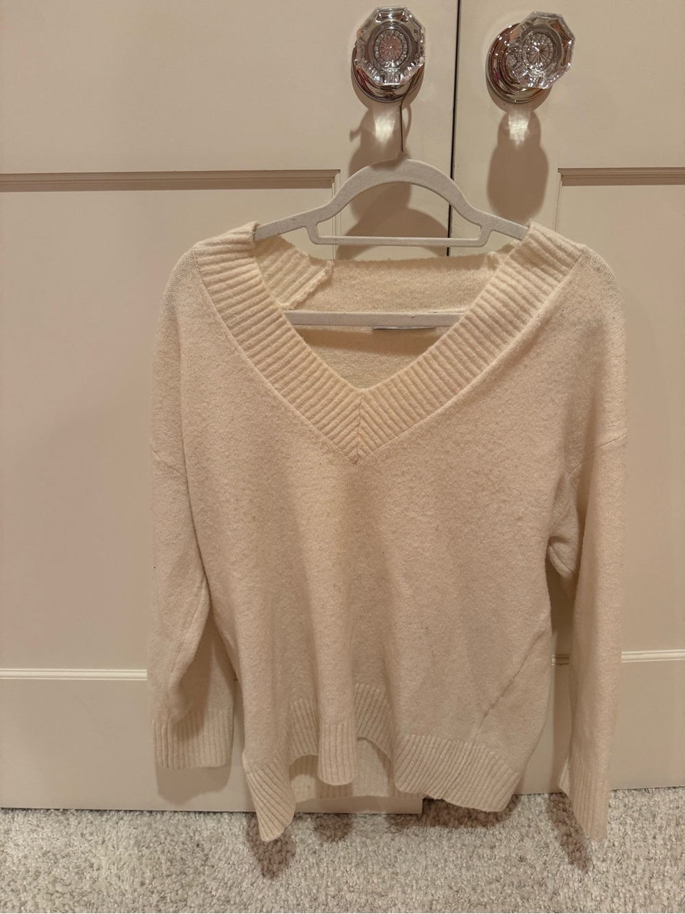 Mango Cream V-Neck Ribbed-Trim Sweater